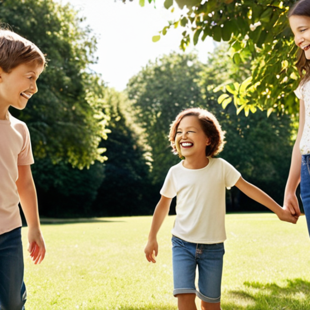 "A heartwarming scene depicting children aged 5-10, dressed in classic GapKids denim jeans and soft cotton t-shirts, playing joyfully in a sunlit park. A parent watches with a contented smile, evoking a sense of timeless style and multi-generational trust. The clothing appears durable and vibrant, highlighting its lasting quality and comfort across different generations, set against a backdrop of nostalgic charm. Emphasize warm, natural lighting and authentic childhood expressions."