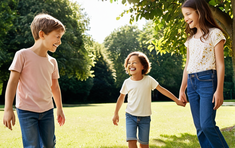 "A heartwarming scene depicting children aged 5-10, dressed in classic GapKids denim jeans and soft cotton t-shirts, playing joyfully in a sunlit park. A parent watches with a contented smile, evoking a sense of timeless style and multi-generational trust. The clothing appears durable and vibrant, highlighting its lasting quality and comfort across different generations, set against a backdrop of nostalgic charm. Emphasize warm, natural lighting and authentic childhood expressions."