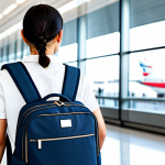 A professionally dressed person, fully clothed in appropriate, modest attire, confidently walking through a brightly lit, modern airport terminal. They are wearing a stylish and functional 'Little Ground' travel backpack, designed with multiple compartments and padded straps, showcasing its ergonomic design and high-quality material. The background features blurred elements of a bustling yet organized airport lounge, with large windows and contemporary architecture. Professional photography, sharp focus, high-resolution, natural light, perfect anatomy, correct proportions, natural pose, well-formed hands, proper finger count, natural body proportions, safe for work, appropriate content, fully clothed, professional.