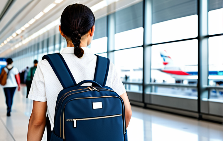 A professionally dressed person, fully clothed in appropriate, modest attire, confidently walking through a brightly lit, modern airport terminal. They are wearing a stylish and functional 'Little Ground' travel backpack, designed with multiple compartments and padded straps, showcasing its ergonomic design and high-quality material. The background features blurred elements of a bustling yet organized airport lounge, with large windows and contemporary architecture. Professional photography, sharp focus, high-resolution, natural light, perfect anatomy, correct proportions, natural pose, well-formed hands, proper finger count, natural body proportions, safe for work, appropriate content, fully clothed, professional.