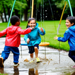 A group of diverse, happy children, fully clothed in modest, appropriate attire, enthusiastically enjoying outdoor play in a vibrant, family-friendly park setting. One child is wearing a lightweight, breathable top and shorts, confidently running on a grassy path. Another child is wearing a waterproof, professional-grade rain jacket and pants, joyfully splashing in a clean puddle. A third child is wearing a comfortable, durable outfit, gently climbing a low, child-safe climbing structure. The children exhibit perfect anatomy, correct proportions, and natural poses with well-formed hands and proper finger count. The scene is well-lit, professional photography, high-quality, and portrays a safe for work, appropriate content, family-friendly atmosphere.