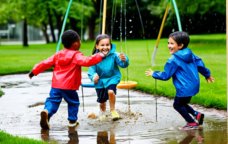 A group of diverse, happy children, fully clothed in modest, appropriate attire, enthusiastically enjoying outdoor play in a vibrant, family-friendly park setting. One child is wearing a lightweight, breathable top and shorts, confidently running on a grassy path. Another child is wearing a waterproof, professional-grade rain jacket and pants, joyfully splashing in a clean puddle. A third child is wearing a comfortable, durable outfit, gently climbing a low, child-safe climbing structure. The children exhibit perfect anatomy, correct proportions, and natural poses with well-formed hands and proper finger count. The scene is well-lit, professional photography, high-quality, and portrays a safe for work, appropriate content, family-friendly atmosphere.