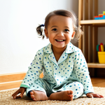A joyful toddler, fully clothed in soft, breathable organic cotton pajamas, sitting comfortably on a natural jute rug in a brightly lit, child-friendly playroom. Sunlight streams through a window, illuminating the scene. The child is playing with wooden blocks, a gentle smile on their face, showcasing perfect anatomy, correct proportions, and a natural pose with well-formed hands and proper finger count. The setting emphasizes safety, comfort, and natural materials. High-resolution, professional photography, appropriate content, family-friendly, safe for work, modest clothing.