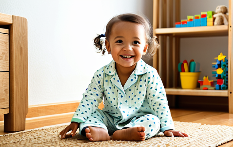 A joyful toddler, fully clothed in soft, breathable organic cotton pajamas, sitting comfortably on a natural jute rug in a brightly lit, child-friendly playroom. Sunlight streams through a window, illuminating the scene. The child is playing with wooden blocks, a gentle smile on their face, showcasing perfect anatomy, correct proportions, and a natural pose with well-formed hands and proper finger count. The setting emphasizes safety, comfort, and natural materials. High-resolution, professional photography, appropriate content, family-friendly, safe for work, modest clothing.