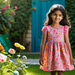 **

A young Indian girl, aged 7, wearing a bright, floral-print Benetton Kids cotton dress. She is playing in a sunlit garden filled with colorful flowers, appropriate attire, safe for work, perfect anatomy, natural proportions, professional photography, high quality, family-friendly.

**