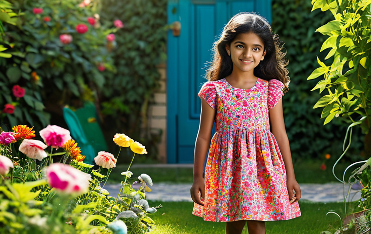 **
A young Indian girl, aged 7, wearing a bright, floral-print Benetton Kids cotton dress. She is playing in a sunlit garden filled with colorful flowers, appropriate attire, safe for work, perfect anatomy, natural proportions, professional photography, high quality, family-friendly.
**