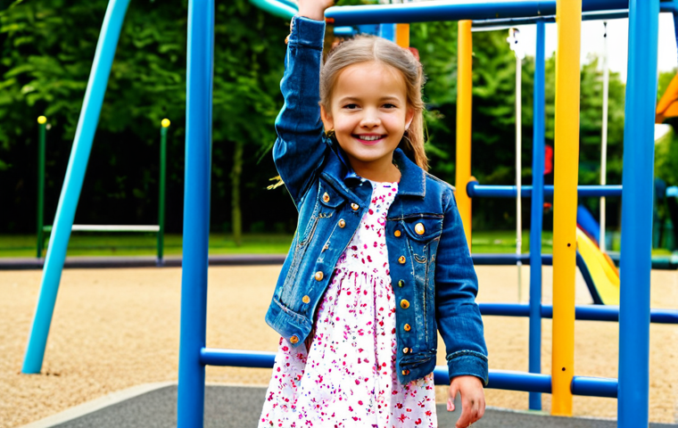 Girl in Trendy Outfit**

"A happy young girl, fully clothed in a stylish H&M Kids outfit from the sale: a floral print dress and denim jacket. She is standing in a bright, cheerful park with playground equipment in the background. Perfect anatomy, correct proportions, well-formed hands, proper finger count, natural pose, safe for work, appropriate content, professional, modest, family-friendly."

**