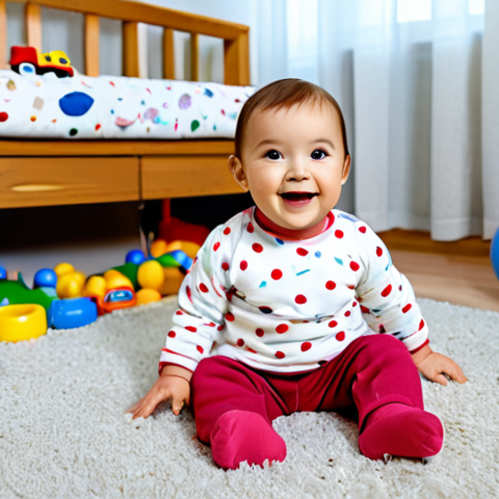 아동복 브랜드 연혁 소개 - चित्र 1:** एक खुशहाल बच्ची, पूरी तरह से ढके हुए, आरामदायक कपड़े पहने, खिलौनों से भरे कमरे में खेल रह...
