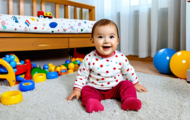 아동복 브랜드 연혁 소개 - चित्र 1:** एक खुशहाल बच्ची, पूरी तरह से ढके हुए, आरामदायक कपड़े पहने, खिलौनों से भरे कमरे में खेल रह...