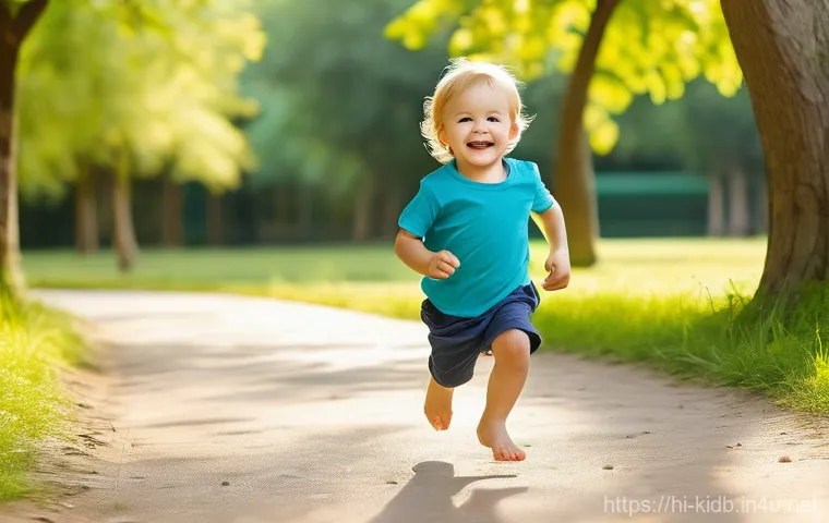모이몰른 유아복 트렌드 - **Prompt:** "A happy and energetic toddler, around 2-3 years old, running barefoot through a sunny g...