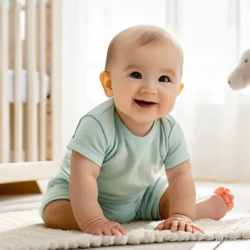 아동 패션의 유명 브랜드 - **Prompt:** A cheerful baby, approximately 12-18 months old, joyfully crawling on a soft, light-colo...
