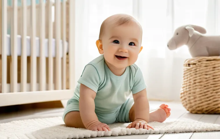 아동 패션의 유명 브랜드 - **Prompt:** A cheerful baby, approximately 12-18 months old, joyfully crawling on a soft, light-colo...