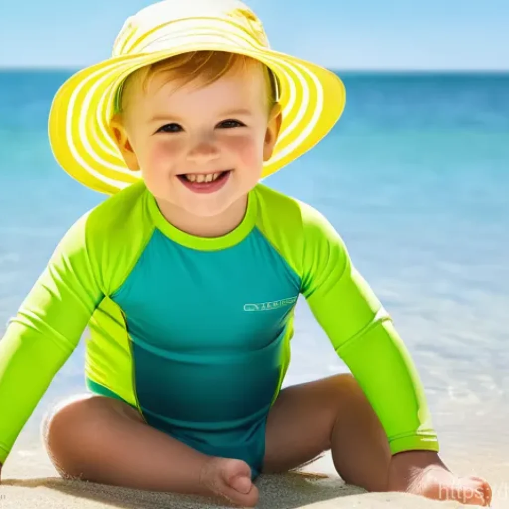 아동용 비치웨어 브랜드 순위 - **Prompt 1: Cheerful Toddler with UPF Protection**
    A cheerful toddler, approximately 1-2 years o...