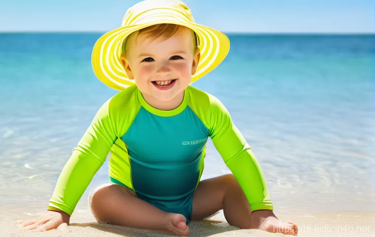 아동용 비치웨어 브랜드 순위 - **Prompt 1: Cheerful Toddler with UPF Protection**
    A cheerful toddler, approximately 1-2 years o...