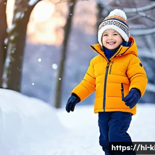 키즈 아우터 브랜드 비교 - A joyful 8-year-old boy, wearing a vibrant, high-quality, down-fill winter jacket with a soft fleece...