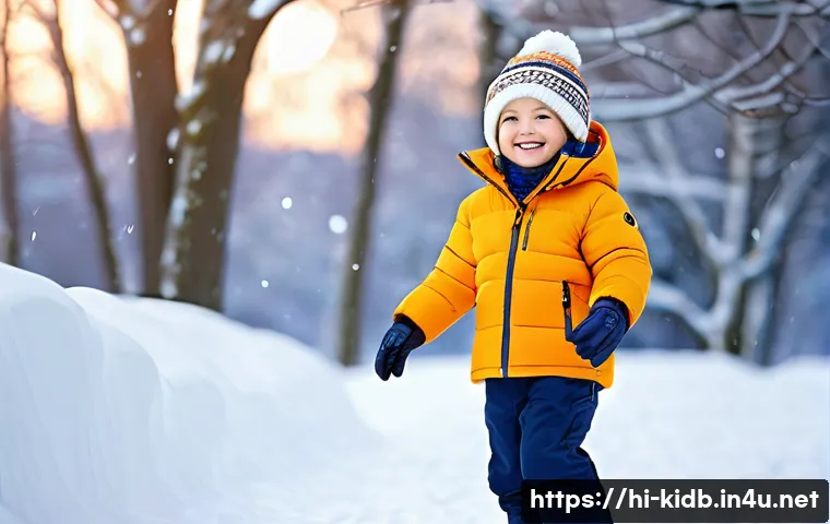 키즈 아우터 브랜드 비교 - A joyful 8-year-old boy, wearing a vibrant, high-quality, down-fill winter jacket with a soft fleece...