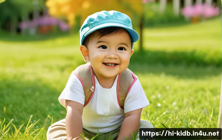 아동용 캡 브랜드 비교 - A cheerful toddler wearing a soft, 100% cotton cap with UV protection and an adjustable strap, playi...