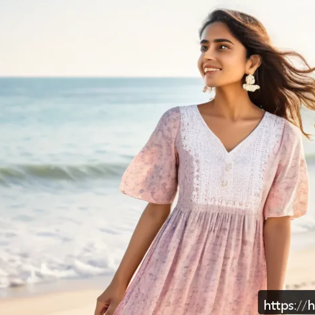 알로앤루 여름 신상품 리뷰 - A young Indian woman wearing a pastel pink floral maxi dress made of soft cotton-linen blend fabric,...