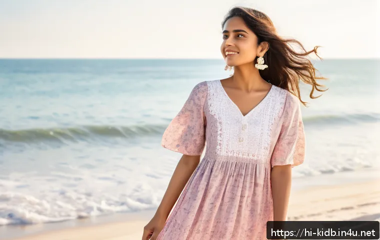 알로앤루 여름 신상품 리뷰 - A young Indian woman wearing a pastel pink floral maxi dress made of soft cotton-linen blend fabric,...