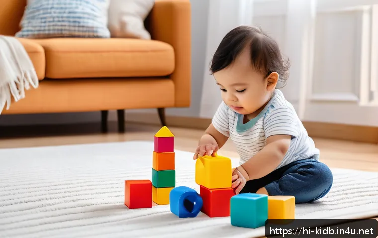 리틀그라운드와 해피랜드 제품 비교 - A vibrant and detailed scene of a toddler playing safely with colorful LittleGround educational toys...