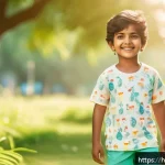 닥스키즈 여름 원피스 스타일 - A cheerful Indian child wearing light pastel-colored cotton clothes with playful cartoon prints, sta...