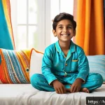 아동용 실내복 브랜드 순위 - A cozy indoor scene featuring a young Indian boy wearing soft, breathable cotton pajamas with bright...