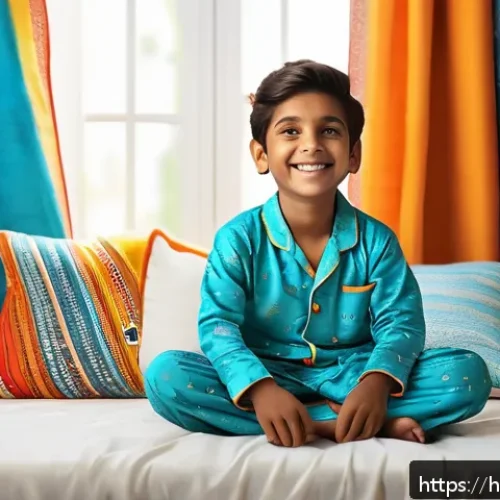 아동용 실내복 브랜드 순위 - A cozy indoor scene featuring a young Indian boy wearing soft, breathable cotton pajamas with bright...