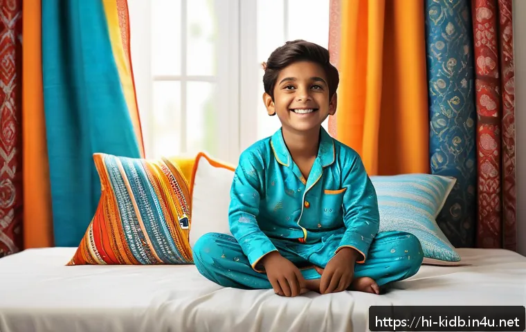 아동용 실내복 브랜드 순위 - A cozy indoor scene featuring a young Indian boy wearing soft, breathable cotton pajamas with bright...