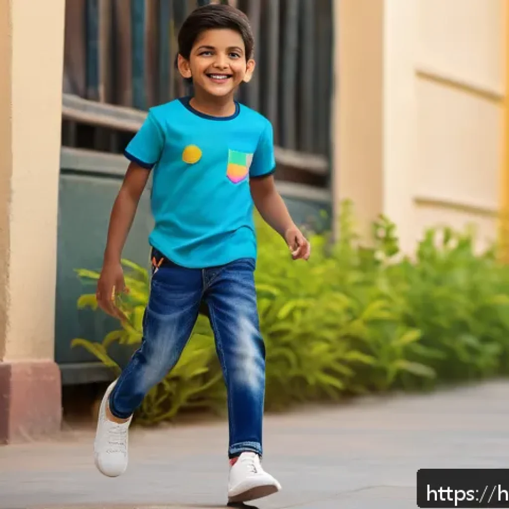 아동용 데님 브랜드 리뷰 - A joyful Indian boy wearing soft, stretchable denim jeans paired with a colorful t-shirt, playing ou...