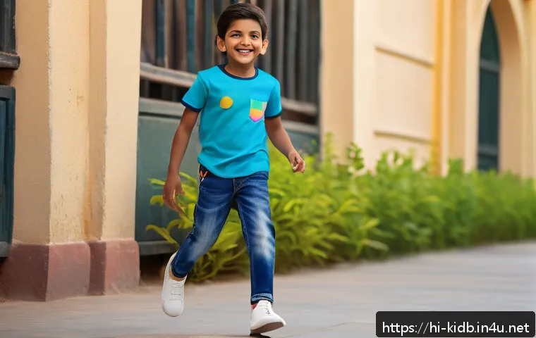 아동용 데님 브랜드 리뷰 - A joyful Indian boy wearing soft, stretchable denim jeans paired with a colorful t-shirt, playing ou...