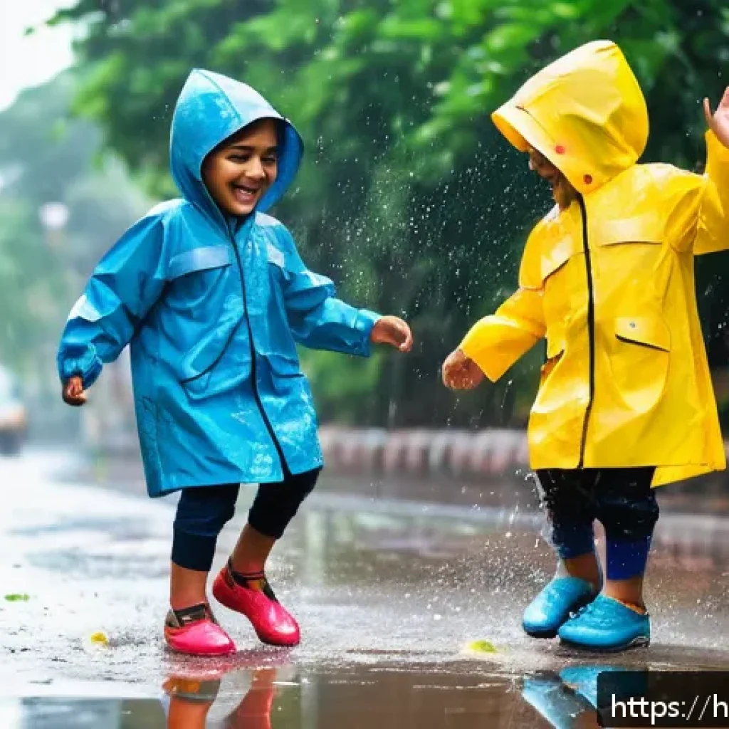 아동용 방수 장화 브랜드 - A lively scene of Indian children playing joyfully in a rainy urban park, wearing colorful waterproo...