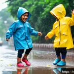 아동용 방수 장화 브랜드 - A lively scene of Indian children playing joyfully in a rainy urban park, wearing colorful waterproo...