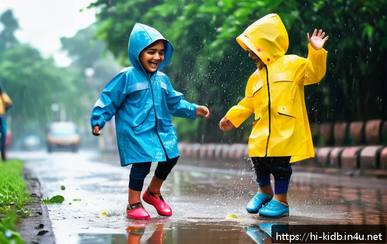 아동용 방수 장화 브랜드 - A lively scene of Indian children playing joyfully in a rainy urban park, wearing colorful waterproo...