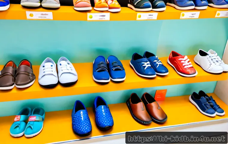 Home 17 아동용 신발 브랜드 세일 - Photorealistic children’s shoe sale display in a bright modern Indian shopping mall, neatly arranged...