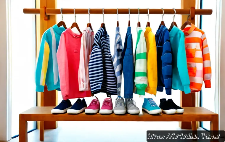 타미힐피거 키즈의 신제품 컬렉션 - Photorealistic children’s new-season fashion collection display in a bright modern boutique, neatly ...