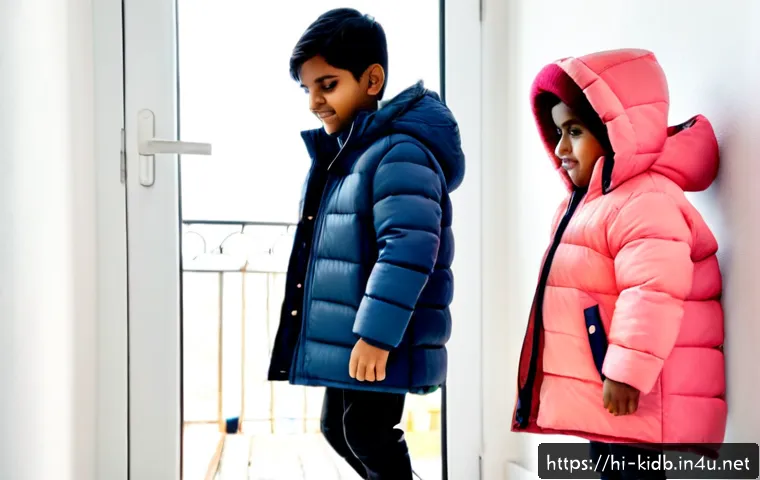 Home 17 아동용 롱패딩 브랜드 추천 - Photorealistic winter outerwear comparison scene for children, two Indian school-age children wearin...