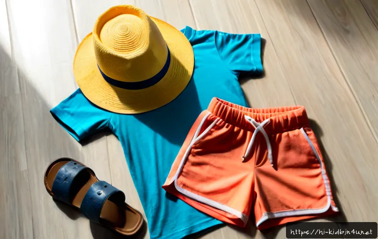 갭키즈 여름 의류 추천 - Photorealistic summer kidswear flat lay on a clean light wood surface: colorful cotton T-shirts, bre...